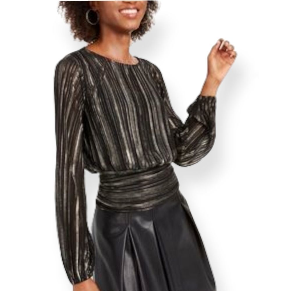 KIT & SKY Black‎ Striped Long Sleeve Jewel Neck Blouse S